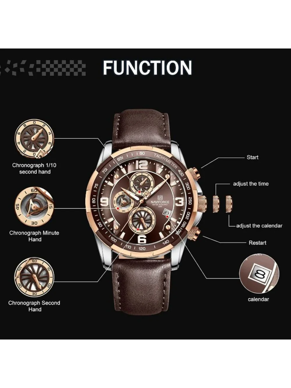 Men's Coffee Analog Quartz Chronograph Leather Strap Sport Fashion Wrist Watch